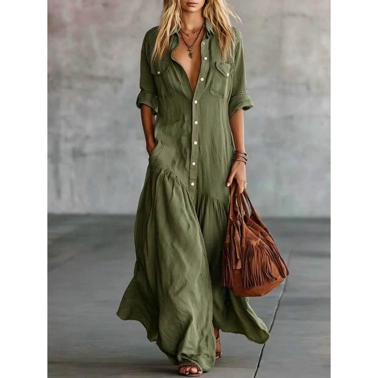 Women Shirt Dress Lapel Collar Button Front Tiered Maxi Dress Multi Color Casual Loose Fit Dress