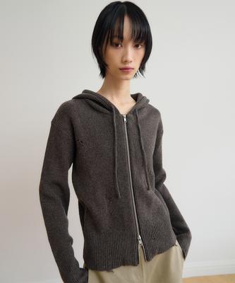 SIS A Wool Blended Knit Zip-Up Hoodie [Brown]