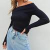 Women Off Shoulder Long Sleeve Ribbed Knitwear Slim Fit Pullover Blouse Tops Casual Fall Crop Tee Tops
