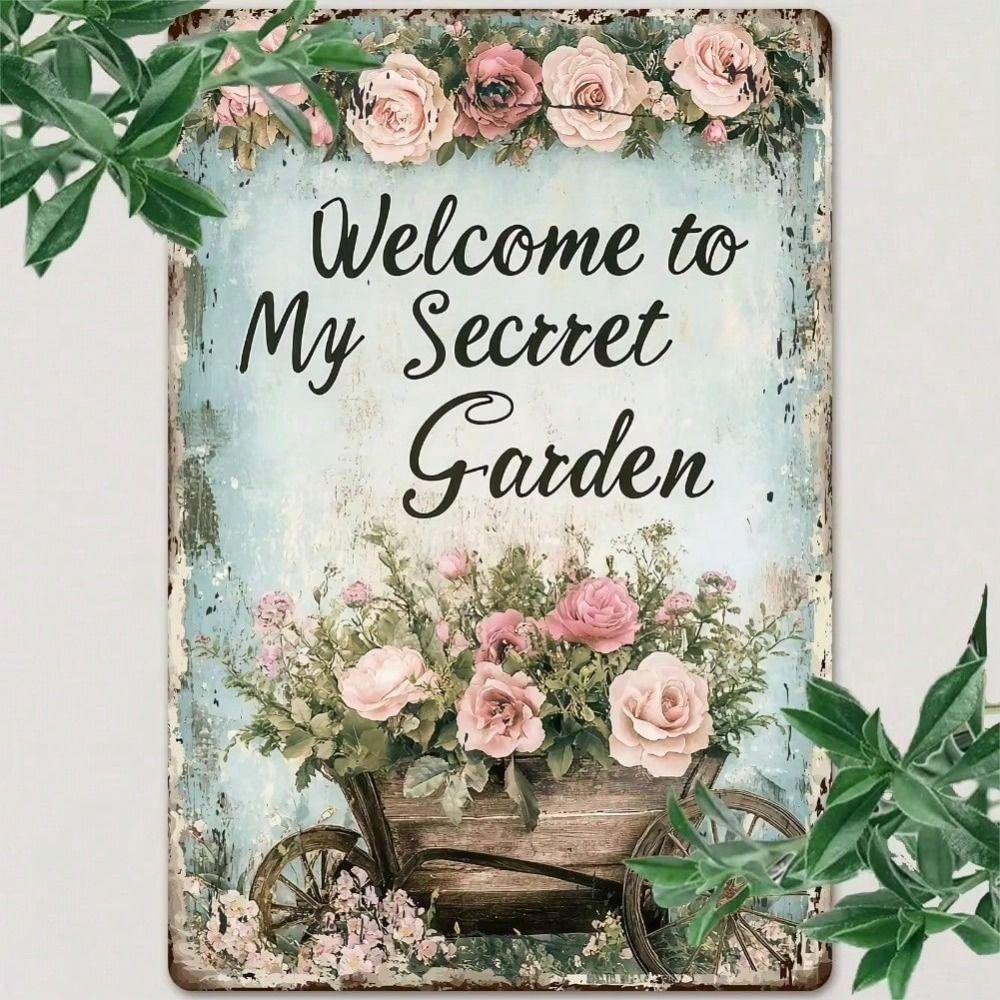 Metal Poster Wall Art, Secret Garden Vintage Tin Sign, Home Bar Kitchen Decoration 12x8 Inch