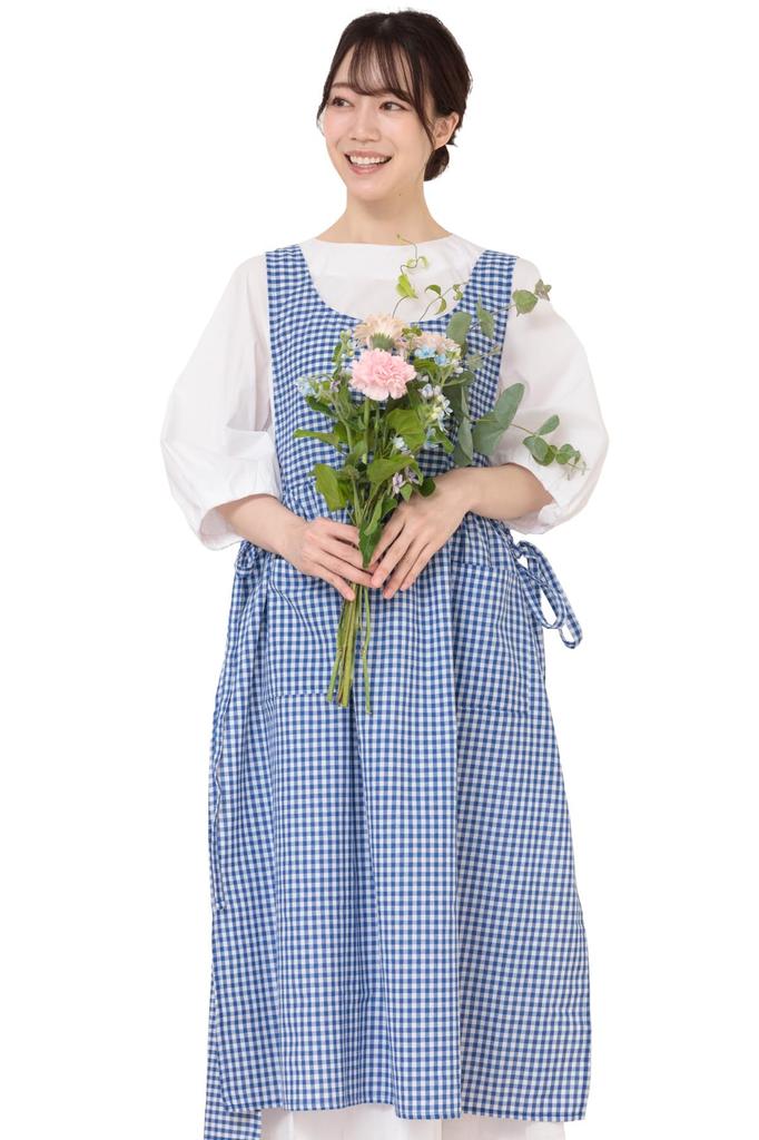 [chalino] Women's Stylish Apron, Cute, Covers Your Bottom, Water-Repellent Apron Dress (Gingham Check (Blue))