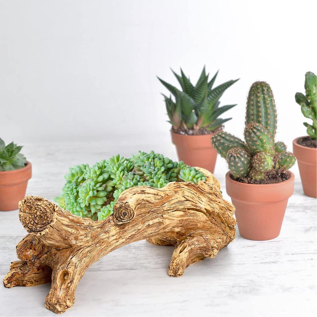 Artificial Driftwood Log Planter Resin Vintage Flower Pot for Home Garden Decoration Desktop Window Sill