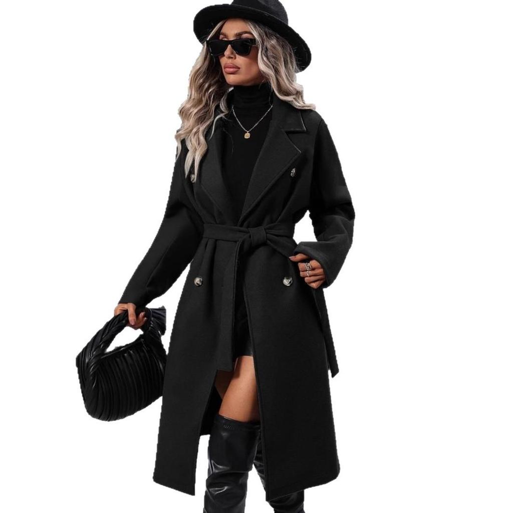 Women's Double-Breasted Belted Woolen Coat with Lapel - Autumn/Winter Fashion