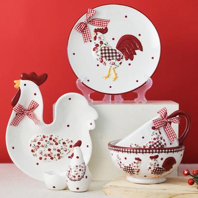 Ceramiczna Miska Talerz Filiżanka Zestaw Czerwony Kwiatowy Naczynie do Pieczenia Słoik na Ciastka Kształt Kurczaka Puszka na Herbatniki do Przypraw Cukru Przekąsek Wystrój Wiejski Prezent Wielkanocny