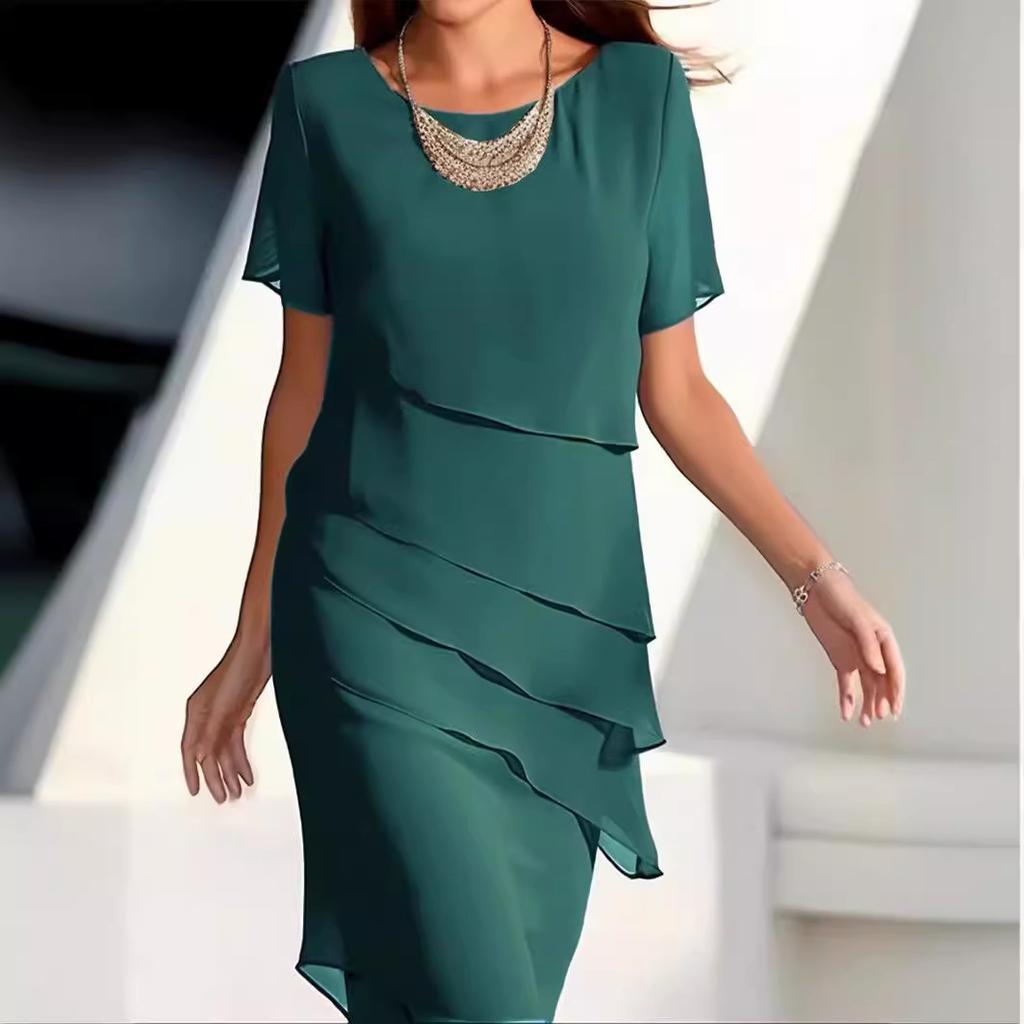 Women's Solid Short Sleeve Chiffon Midi Dress Round Neck Ruffle Layered A Line Elegant Commuter Dress Summer Party Dress