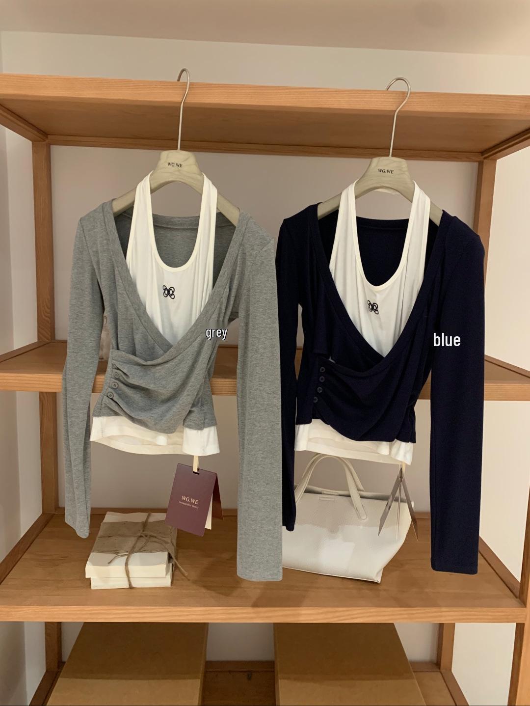 Guangzhou Thirteen Hong Women s Petite Early Autumn Halter Long Sleeve Fake Two-Piece T-shirt. Medium серый