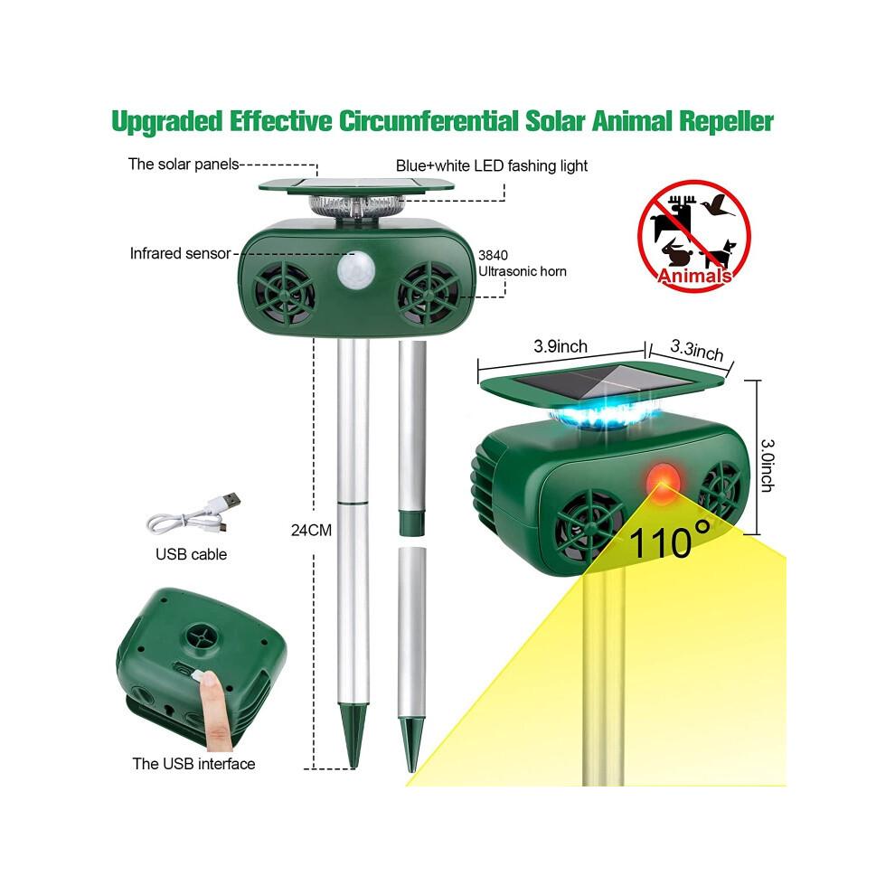 Répulsif à animaux solaire, lumière stroboscopique à 360 degrés, répulsif à oiseaux, répulsif à rats à ultrasons (vert)