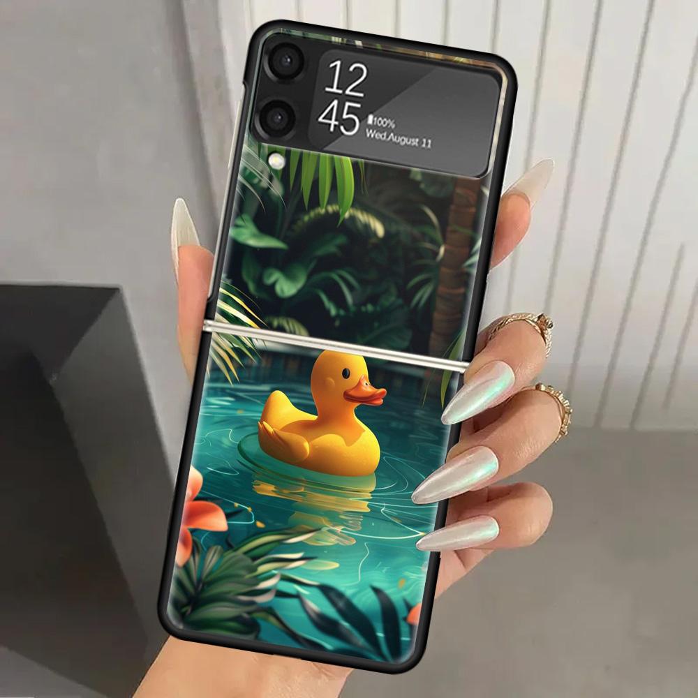 Rubber Ducks Swimming Pool Hard PC Phone Case For Samsung Galaxy Z Flip 7 6 5 4 3 Black ZFlip7 ZFlip6 Flip5 Flip4 Flip3 5G Print