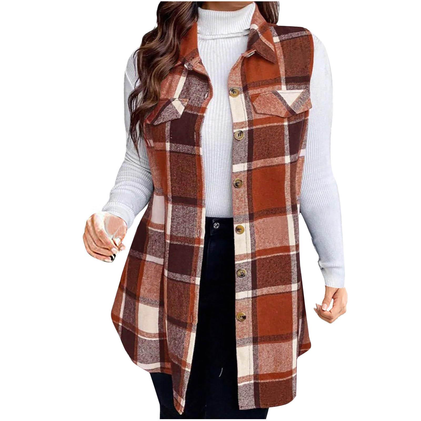 

Women s Fashion Plus Size Brushed Plaid Collar Mid-Length Sleeveless Vest Jacket XL