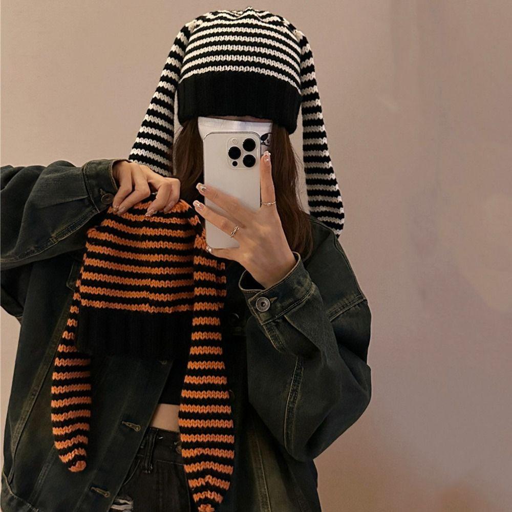 

Y2K Rabbit Ears Hat Harajuku Stripe Skull Cap Lovely Women Beanie Hat Autumn/Winter белый/чёрный