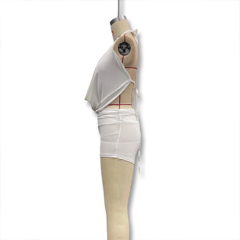 European & American Sexy Low-Cut Halter Backless Top with High-Waisted Ultra-Short Pants Two-Piece Set for Women.
