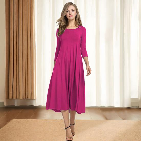 Women's Cotton Swing Dress Casual 45720 Sleeve Crew Neck Midi