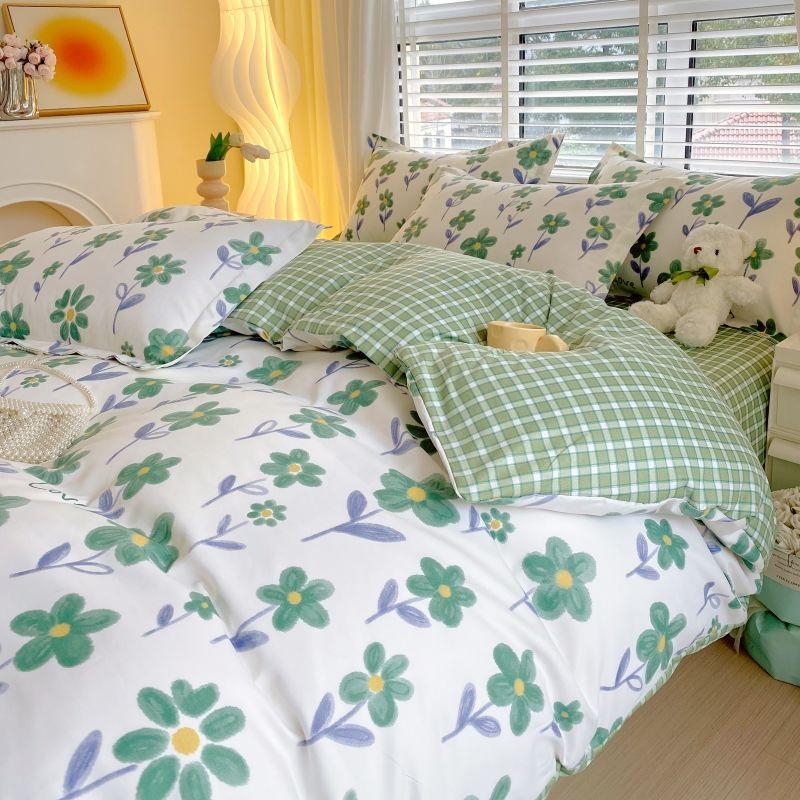 Thickened Pure Abraded Four-piece Set, Single Double Skin-friendly Twill Bed Sheet, Quilt Cover, Dormitory Three-piece Set, Bedding