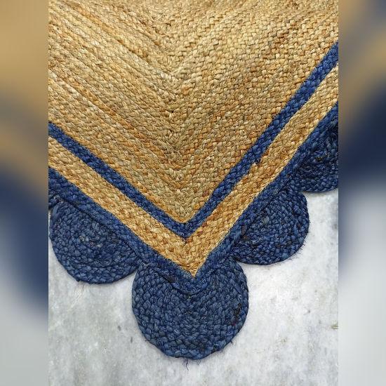 Aizza Trends Indian Handmade Braided Natural Jute with Navy Blue Scalloped Design Area Rug- Jute Rug- Dining Room- Living Room