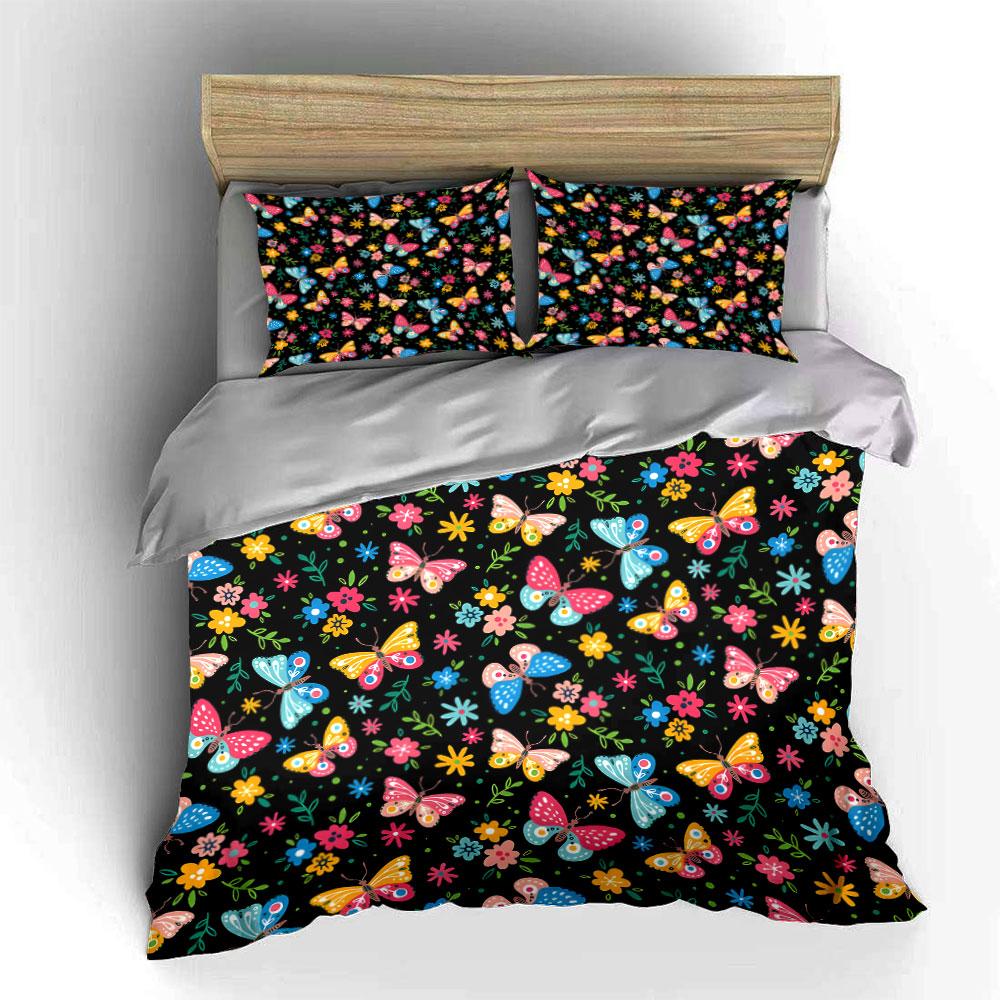 Butterflies and Floral Pattern Bedding Duvet Cover Set (1*Duvet Cover 2*Pillowcases, without duvet insert)