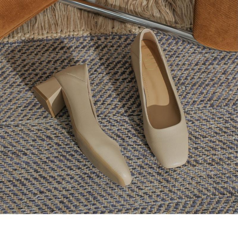 Women's Genuine Leather French-style Flats, Low-cut, Square-toe, Chunky Heel, Black, Versatile Work Shoes/commuter Shoes