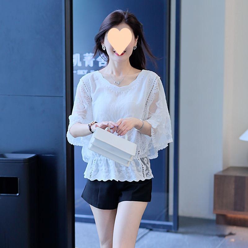 Flower Half Sleeve Shirt Women Elegant Fashion Chiffon Blouse Summer Cotton Edge Lace O Neck Loose Shirt