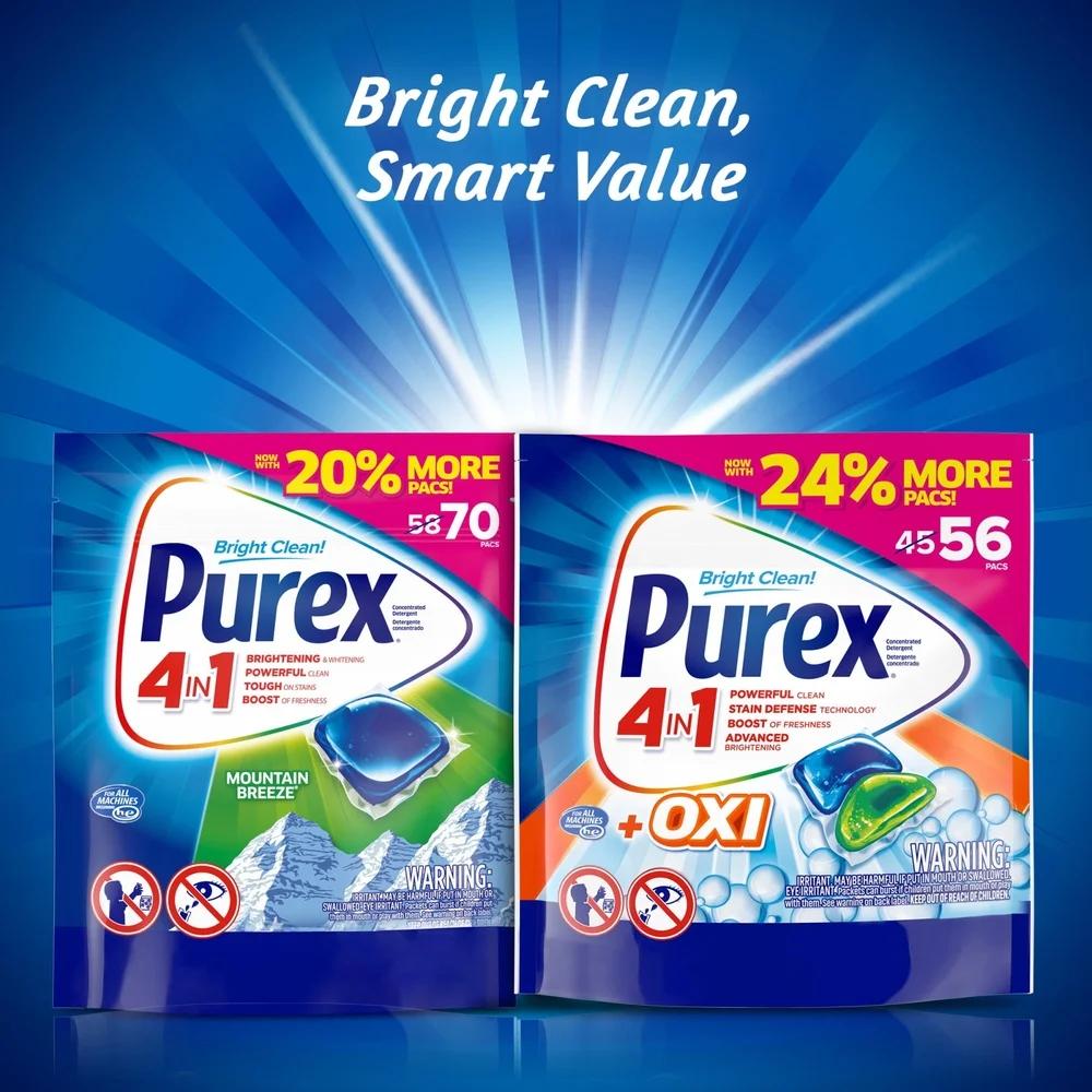 4-in-1 Laundry Detergent Pacs Mountain Breeze 70 Loads High Efficiency Stain Lifting Brightening Compact Easy Clean Rinses Low