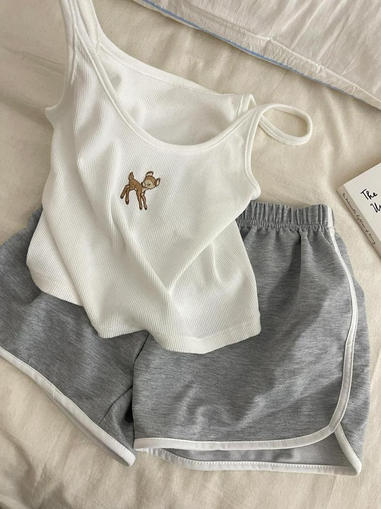 Set Pijama Camisolă Matlasată pentru Femei - Pantaloni Scurți & Vestă,Țesătură Subțire, Amestec de Bumbac Îmbrăcăminte de Casă