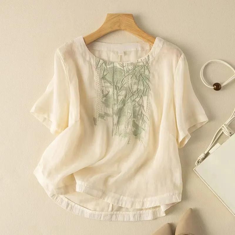 Blusa de Algodón Bordada de Verano para Mujer Casual Tops de Manga Corta Mujer Dulce Camiseta de Cuello O Camisa Holgada Vintage Femenina