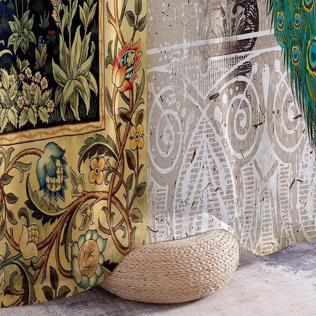 2 STÜCKE Vintage Pfau Blumenmuster Gedruckte Vorhänge, Schlafzimmer Wohnzimmer Küche Stangentasche Bequeme Dekorative Vorhänge