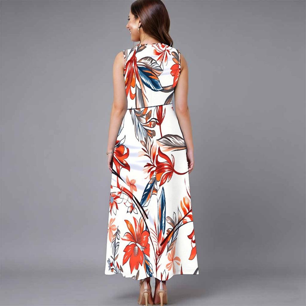 Plus Size Ladies Sleeveless Crew Neck Dress Exotic Palm Floral Printed Flowy Calf Length Outfit