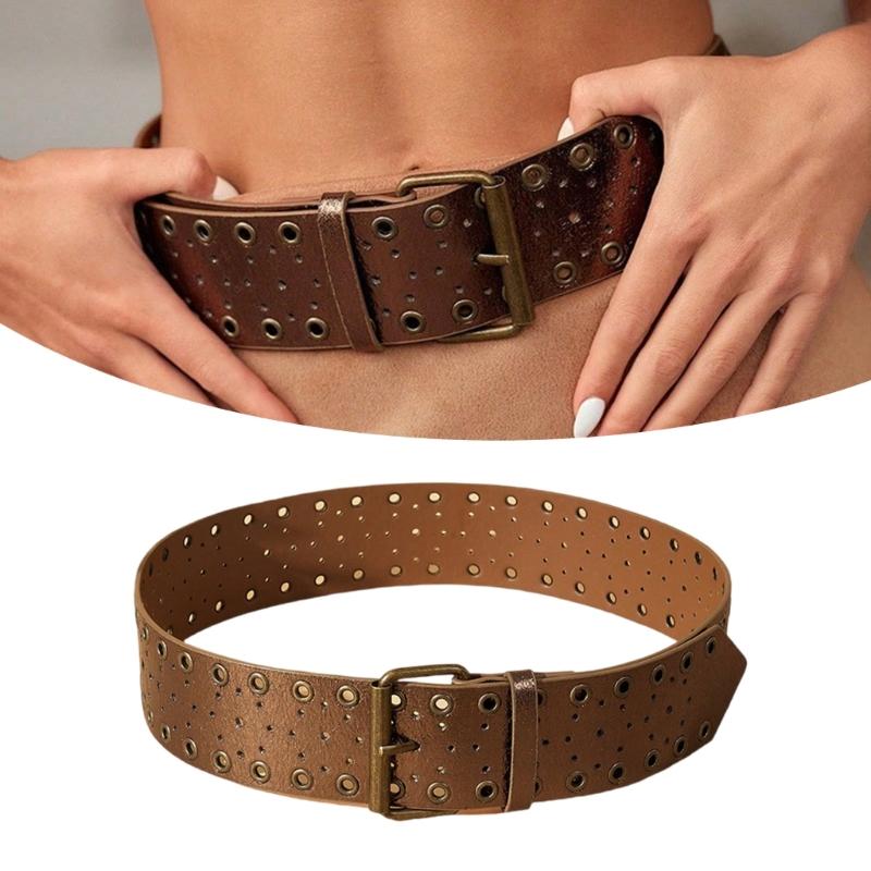 Double Hole Studded Leather Belt Jeans Waistband Hiphop Styles Waist Belt for Men and Women
