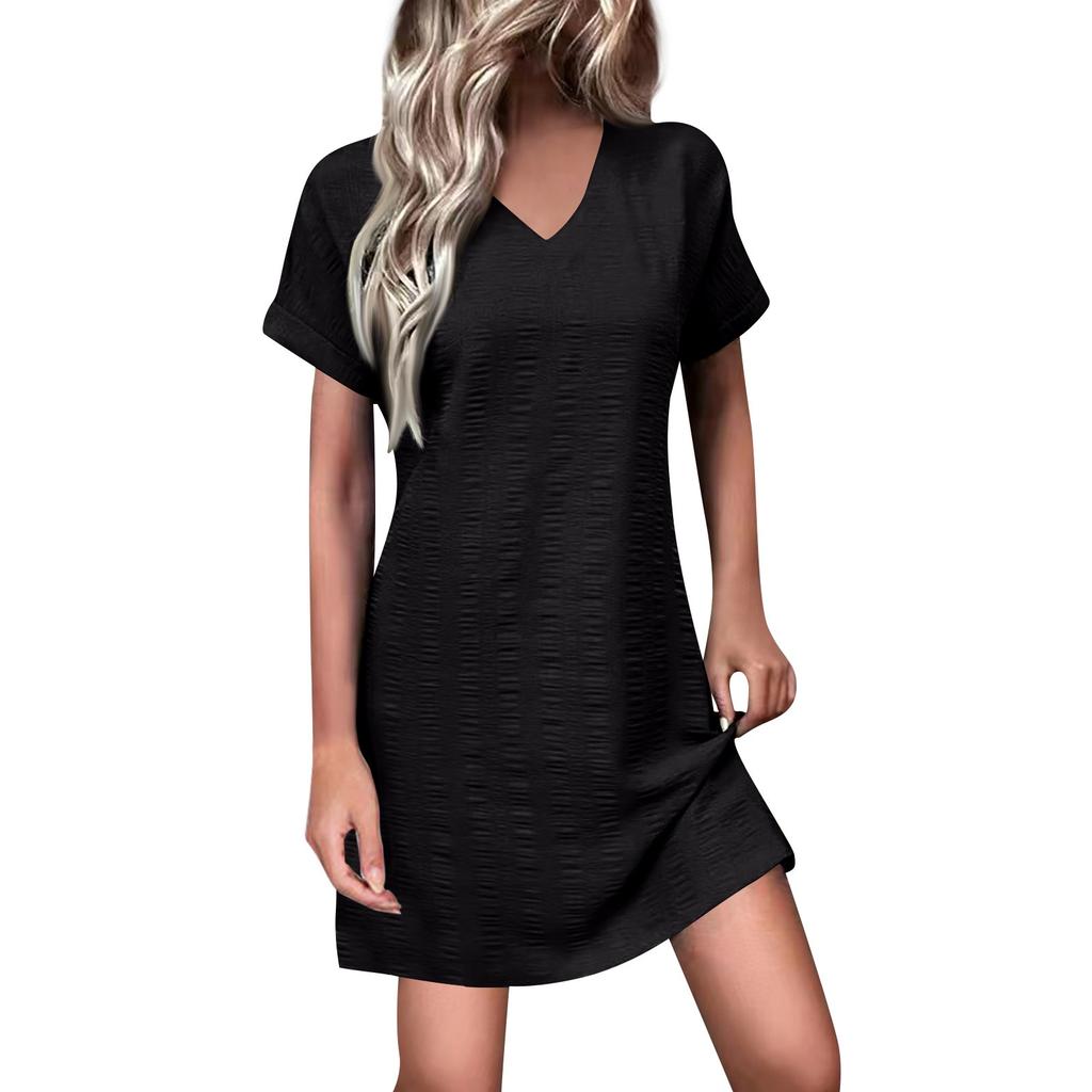 Women's Fashion Sexy Slim V-neck Color Casual Short Sleeve Dresses
