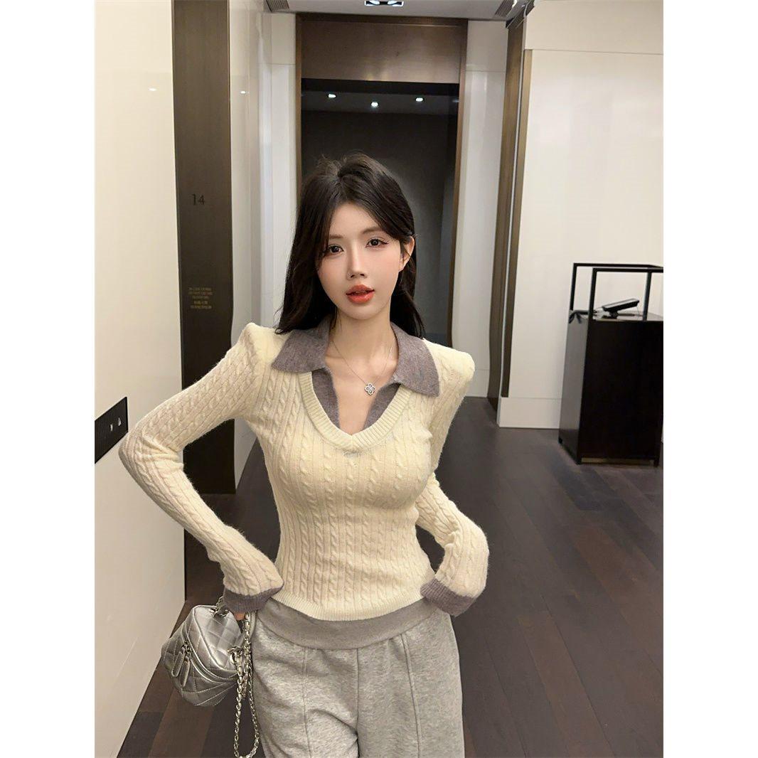 

Women s Fake Two-Piece Knit Sweater - College Style, Cable Knit, Spring/Fall Top. XXS