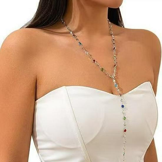Colorful Rhinestone Y-Shaped Necklace with Faux Pearls & Tassel Sweater Chain