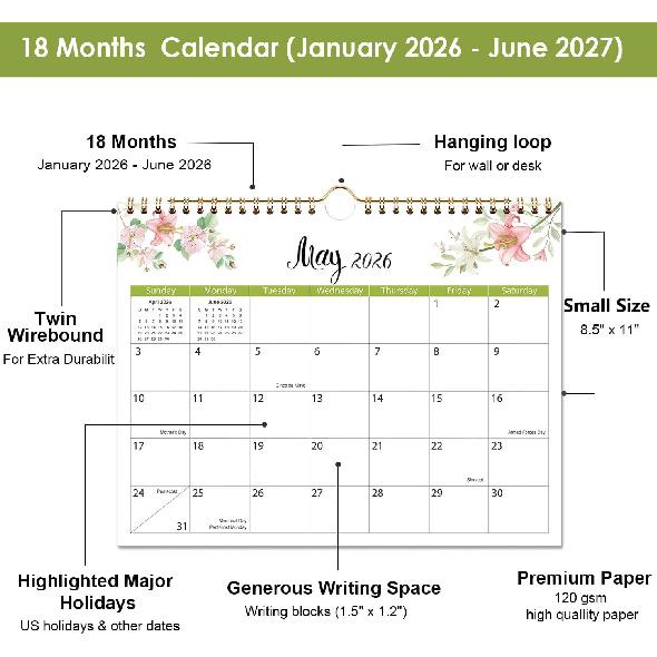 2026 Wall Calendar - 2026 Calendar Runs from January 2026 to December 2026, 8.5" x 11", Floral Calendar for Wall or Desk, Feminine Design for Office,
