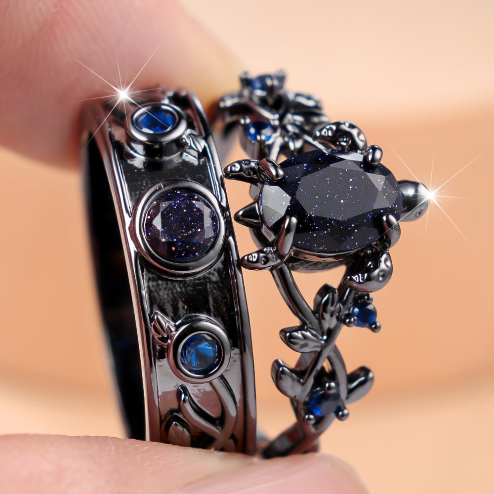 Gothic Vintage Blue Zircon Ring Set Black Hollow Carved Vines Wedding Band For Women Daily