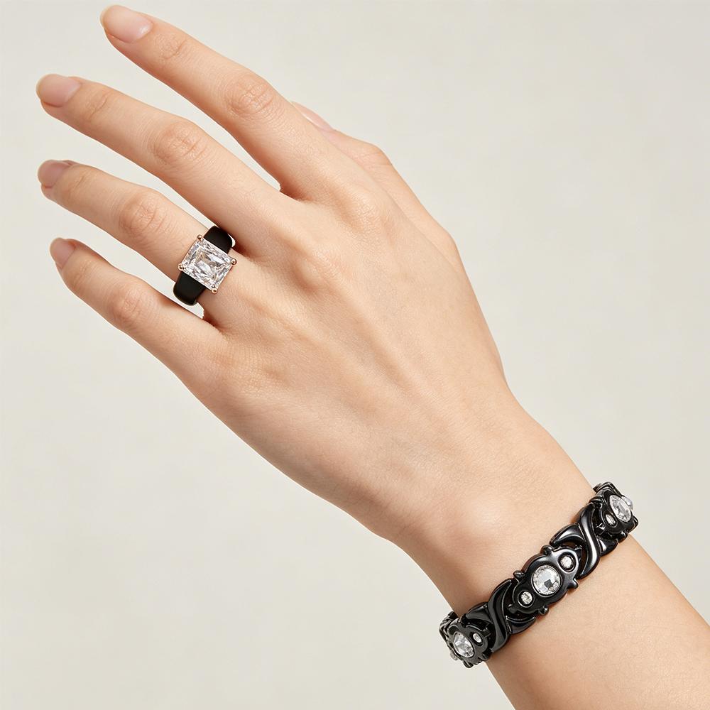 s Black Jewelry Set, Emerald Cut CZ Silicone Ring + Black Crystal Link Bracelet, Gothic Hip Hop Statement Jewelry for Men/Wom