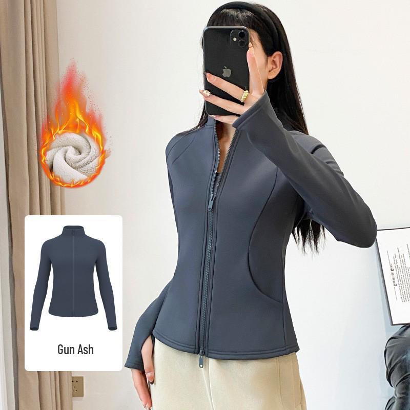Women s Fleece-Lined Slim-Fit Yoga Jacket: Double Zipper, Windproof, Autumn/Winter, Versatile Warm Top Small