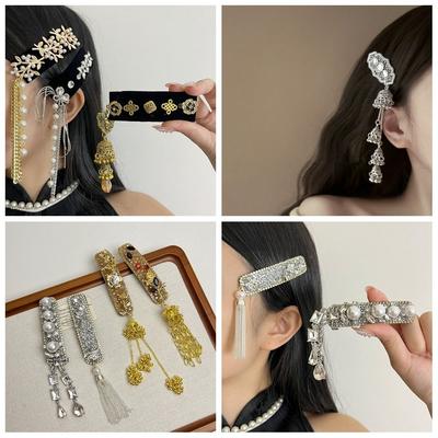 Vintage Ethnic Style Hair Hoop Crystal Chinese Style Side Clip Tassel Bell Hair Clip  Bride