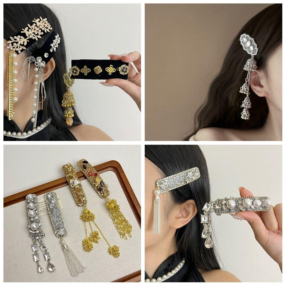 Crystal Tassel Bell Hair Clip Vintage Chinese Style Side Clip Fashion Ethnic Style Hair Hoop Women