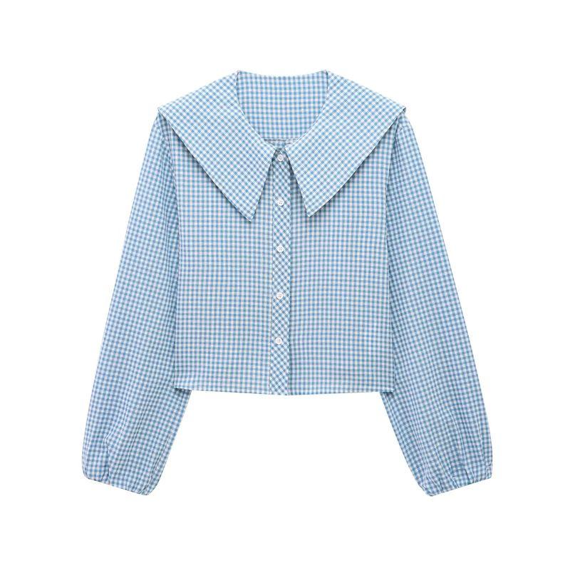 

Spring New Women s Clothing Sweet Style Small round Lapel Small Plaid Puffy Long Sleeve Shirt Top 4661038 Blue grid L