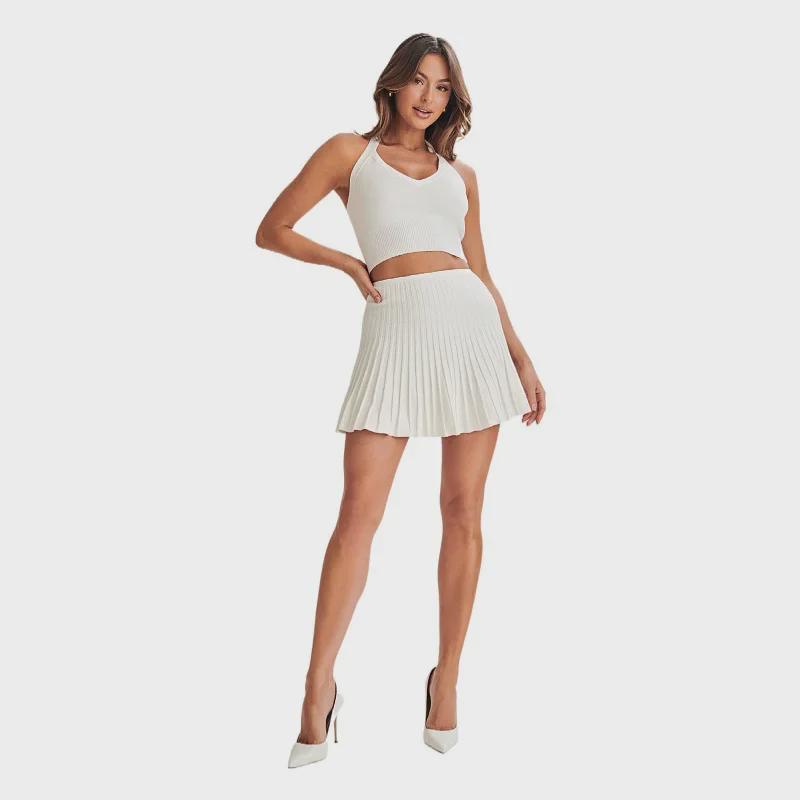 European & American Trendy Women's Halter Neck Backless Vest & High Waist Pleated Skirt Two-Piece Set for Spring