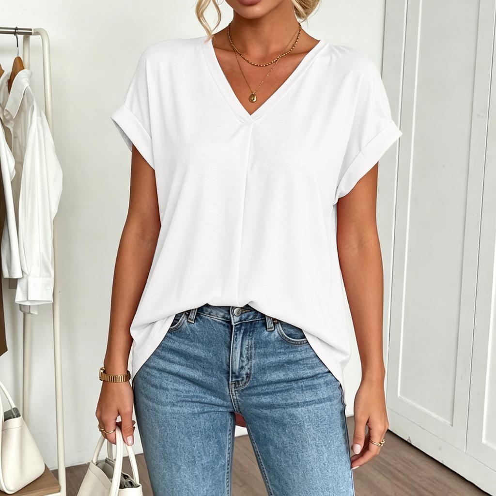 Women's Summer Short Sleeve Top V Neck Back Pleated Detail Lightweight Blouse Casual Loose Fit Shirt for Daily Wear