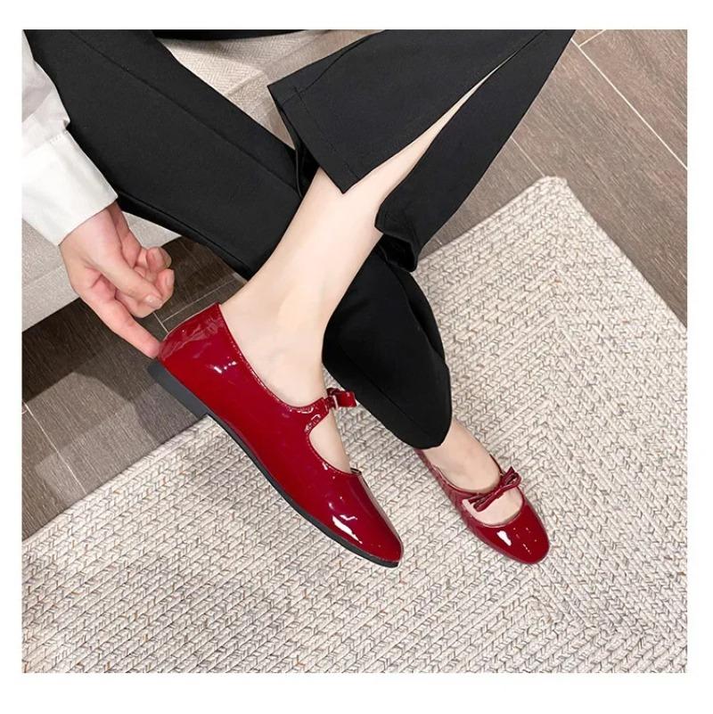 Fashion Luxury Bowtie Mary Janes Women Square Toe Shiny Leather Silk Flats Ballets Femmes Red Dance Party Ball Bridal Wedding Shoes