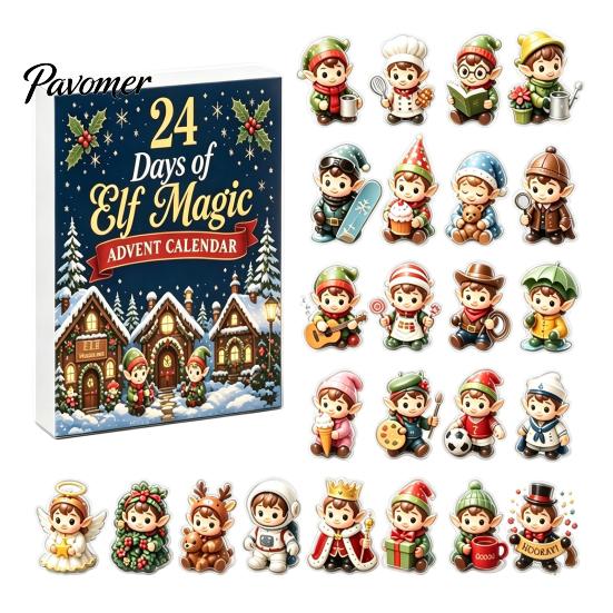 Christmas Decorative Hanging Charms Magic Elf Advent Calendar, 24 Day Acrylic 2D Ornament Set with Durable Holiday Patches Cute Mini Figures,