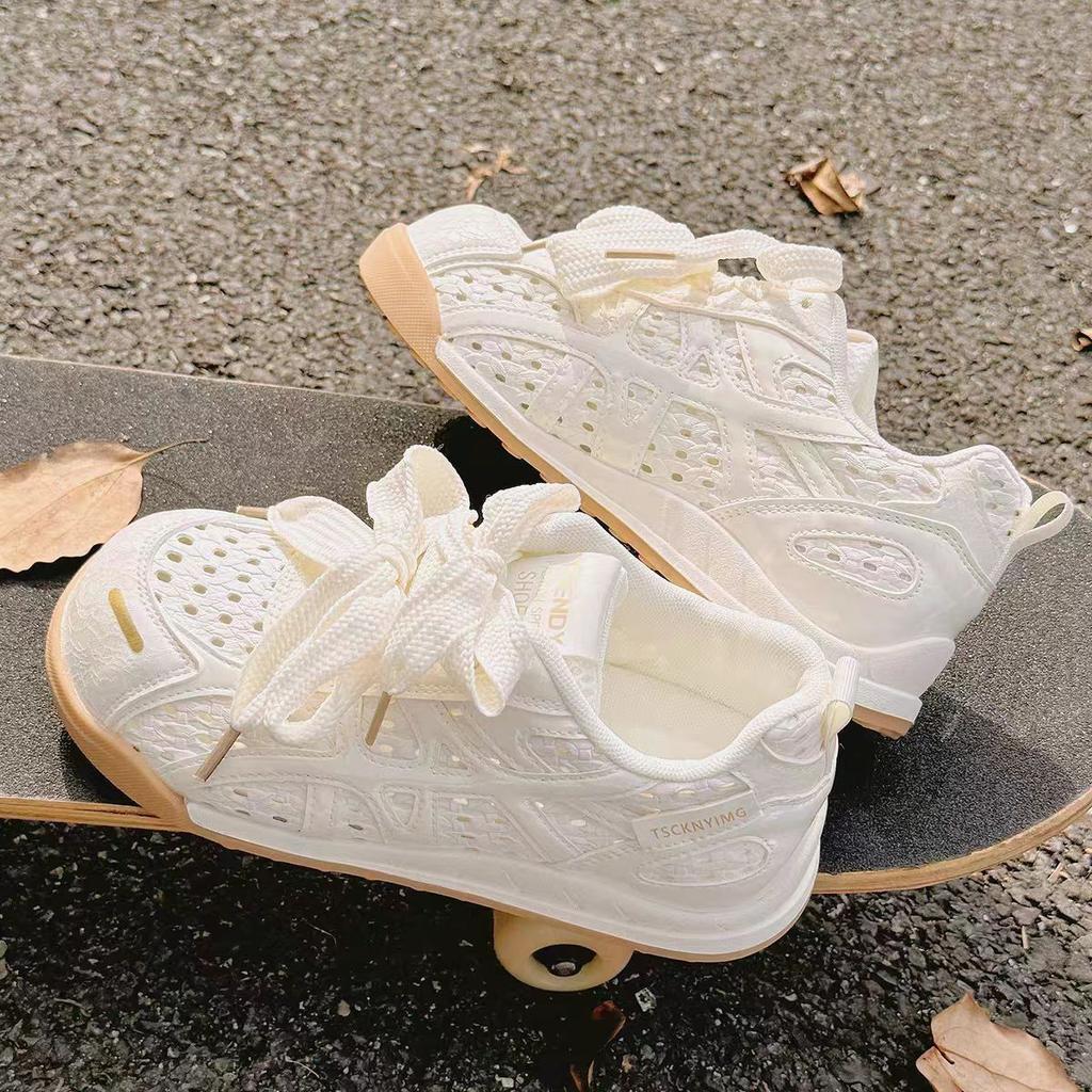 Ugly Cute Hollow Platform White Shoes Women's Moral Training 2025 Summer New Chic Niche Breathable Woven Sports Shoes