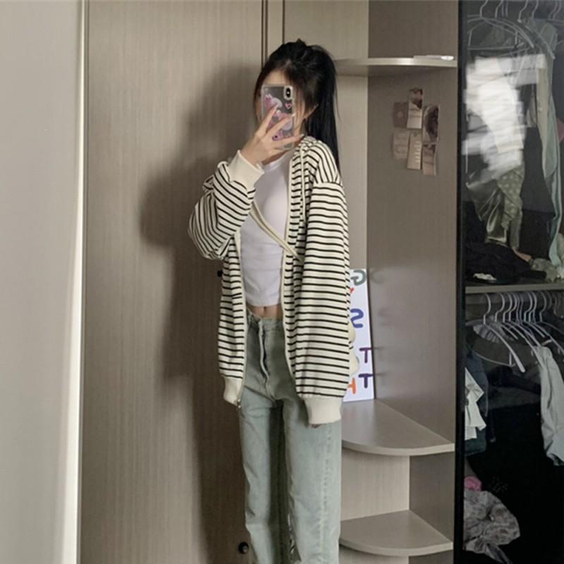Womens Striped Hooded Zip Sweatshirt Loose Casual Long Sleeve Top Fall Winter
