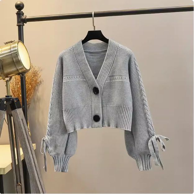 Puff Sleeve V-neck Knitted Sweater for Women Autumn Winter Loose Short Outerwear Cardigan