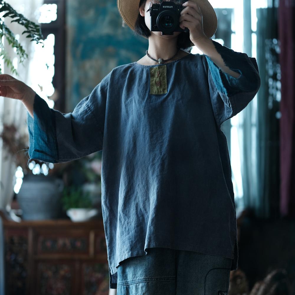 

Johnature Женские винтажные футболки пэчворк с круглым вырезом и длинным рукавом осенние свободные высококачественные футболки One Size синий