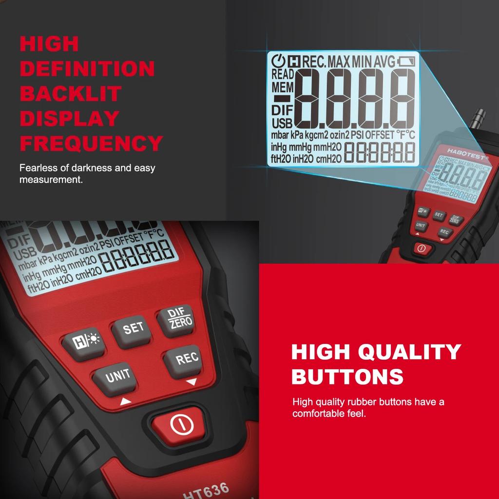 HABOTEST HT636 Digital Pressure Gauge Manometer Air Pressure Meter Differential Pressure Gauge Air Precision Kit Detector Meter