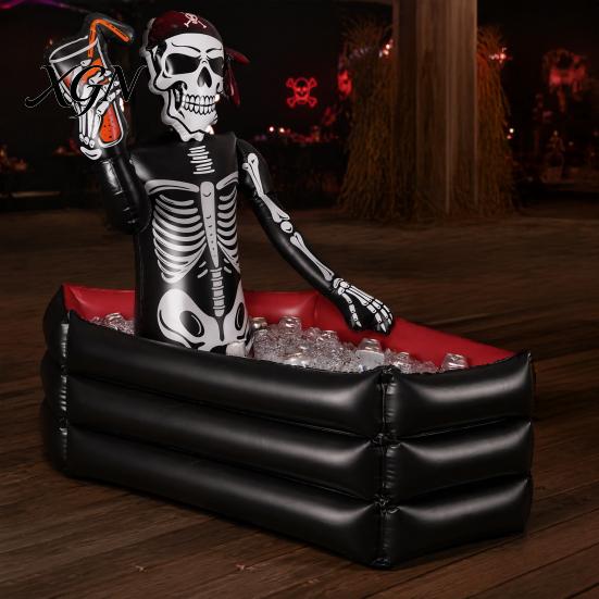 Funny Halloween Gifts for Friends Inflatable Skull Ice Bucket, Pirate Skeleton Drink Cooler Party, Leakproof Events Thickened PVC Portable Beverage