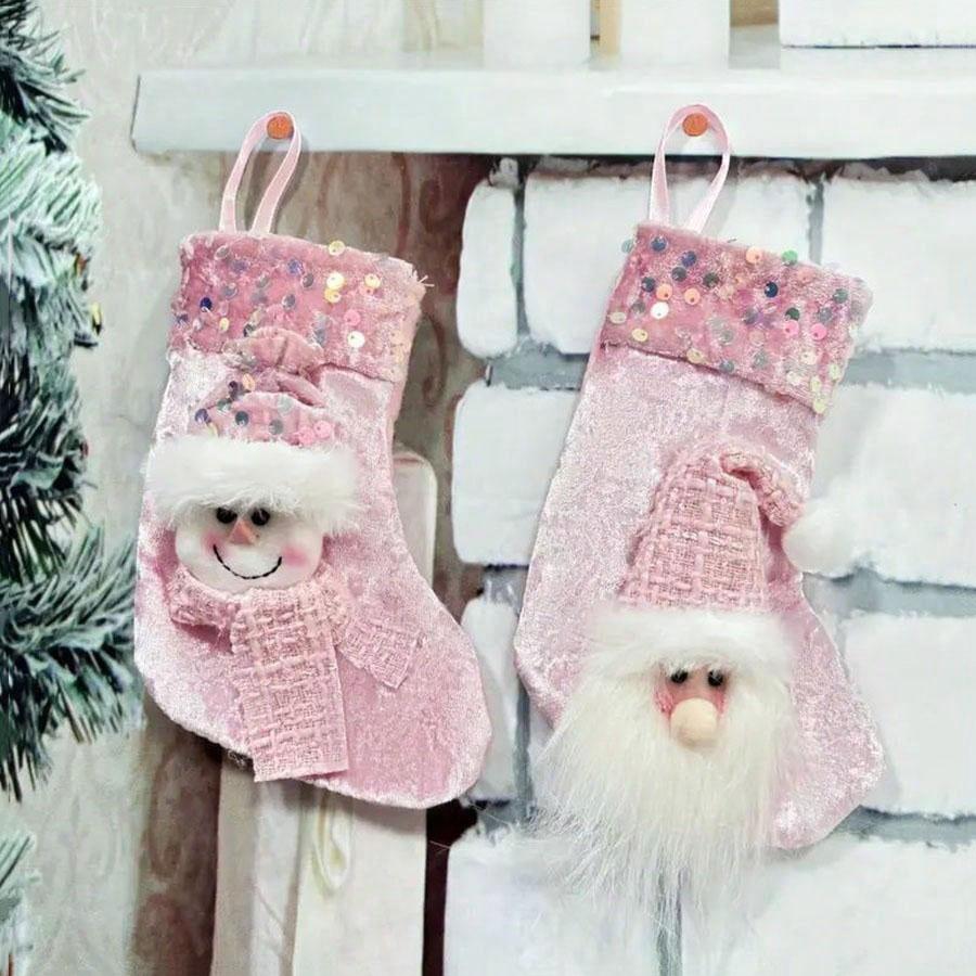 3-Piece Classic Small Pink Christmas Stocking Decoration Set, Featuring Santa Claus, Snowman And Reindeer, Fireplace Ornament.