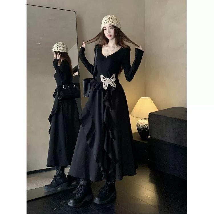 Large size fashion women's clothing fat mm design sense irregular butterfly temperament long dress waist thin ruffle edge dress