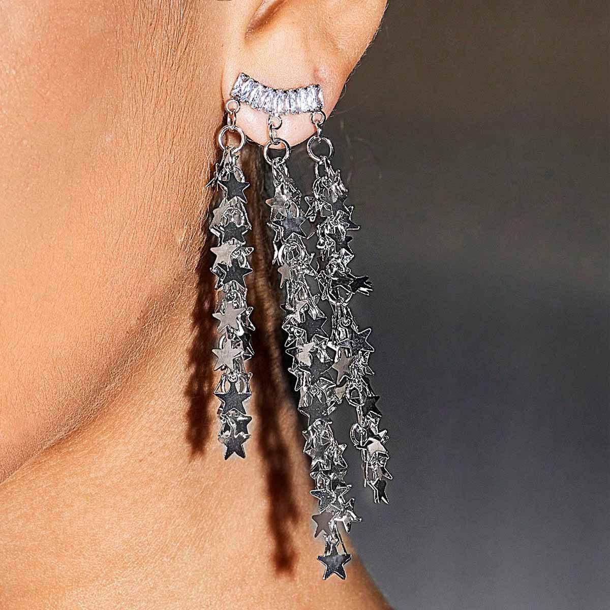 Korean Star Tassel Rhinestone Earrings - Elegant, Versatile Studs for Women серебряный